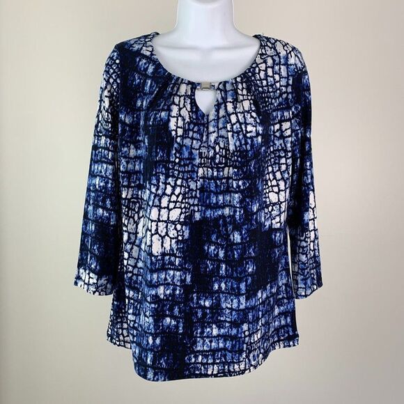 Rafaella sz S Top Shirt Blue White Patterned Keyhole Neckline Stretchy Fabric - Picture 1 of 7